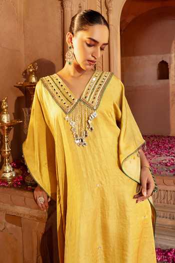 Bahaara By Divya Narula Gold Silk V-neck Embellished Kaftan And Pant Set Online at Aza Fashions Bahaara By Divya Narula_Gold Silk V-neck Embellished Kaftan And Pant Set _Online_at_Aza_Fashions