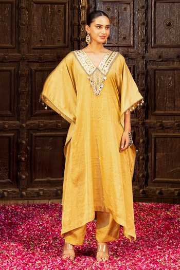 Buy Bahaara By Divya Narula Gold Silk V-neck Embellished Kaftan And Pant Set Online at Aza Fashions Buy_Bahaara By Divya Narula_Gold Silk V-neck Embellished Kaftan And Pant Set _Online_at_Aza_Fashions