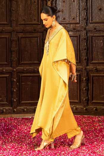 Shop Bahaara By Divya Narula Gold Silk V-neck Embellished Kaftan And Pant Set Online at Aza Fashions Shop_Bahaara By Divya Narula_Gold Silk V-neck Embellished Kaftan And Pant Set _Online_at_Aza_Fashions