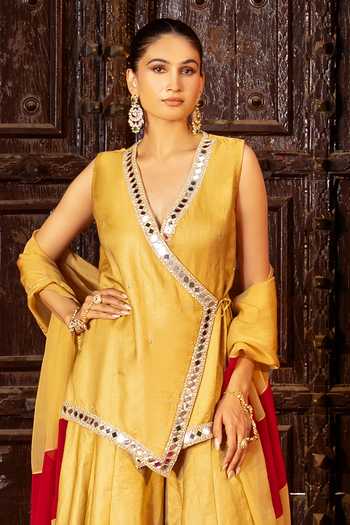 Buy Bahaara By Divya Narula Gold Silk, Organza Mirror Work Angarkha Sharara Set Online at Aza Fashions Buy_Bahaara By Divya Narula_Gold Silk, Organza Mirror Work Angarkha Sharara Set _Online_at_Aza_Fashions
