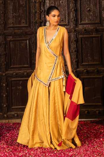 Shop Bahaara By Divya Narula Gold Silk, Organza Mirror Work Angarkha Sharara Set Online at Aza Fashions Shop_Bahaara By Divya Narula_Gold Silk, Organza Mirror Work Angarkha Sharara Set _Online_at_Aza_Fashions