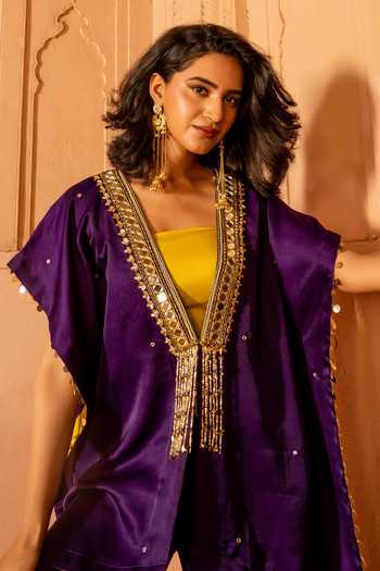 Bahaara By Divya Narula Purple Silk Plunge Neck Embroidered Jacket Pant Set Online at Aza Fashions Bahaara By Divya Narula_Purple Silk Plunge Neck Embroidered Jacket Pant Set _Online_at_Aza_Fashions