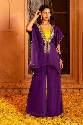 Shop Bahaara By Divya Narula Purple Silk Plunge Neck Embroidered Jacket Pant Set Online at Aza Fashions Shop_Bahaara By Divya Narula_Purple Silk Plunge Neck Embroidered Jacket Pant Set _Online_at_Aza_Fashions