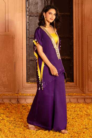 Bahaara By Divya Narula Purple Silk Plunge Neck Embroidered Jacket Pant Set at Aza Fashions Bahaara By Divya Narula_Purple Silk Plunge Neck Embroidered Jacket Pant Set _at_Aza_Fashions