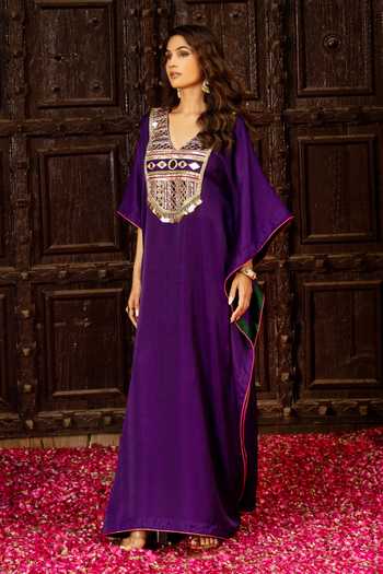 Bahaara By Divya Narula Purple Silk V-neck Placement Embellished Kaftan Online at Aza Fashions Bahaara By Divya Narula_Purple Silk V-neck Placement Embellished Kaftan _Online_at_Aza_Fashions