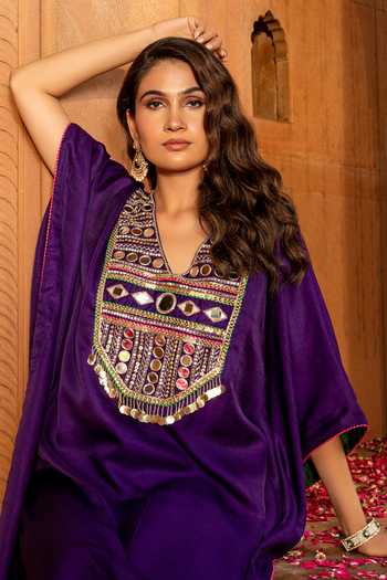 Buy Bahaara By Divya Narula Purple Silk V-neck Placement Embellished Kaftan Online at Aza Fashions Buy_Bahaara By Divya Narula_Purple Silk V-neck Placement Embellished Kaftan _Online_at_Aza_Fashions