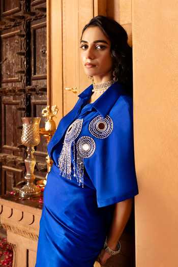 Bahaara By Divya Narula Blue Silk Collared Neck Mirror Work Wrap Shirt And Skirt Set Online at Aza Fashions Bahaara By Divya Narula_Blue Silk Collared Neck Mirror Work Wrap Shirt And Skirt Set _Online_at_Aza_Fashions