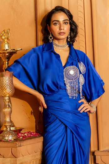 Shop Bahaara By Divya Narula Blue Silk Collared Neck Mirror Work Wrap Shirt And Skirt Set Online at Aza Fashions Shop_Bahaara By Divya Narula_Blue Silk Collared Neck Mirror Work Wrap Shirt And Skirt Set _Online_at_Aza_Fashions