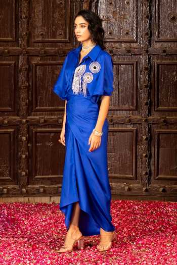 Bahaara By Divya Narula Blue Silk Collared Neck Mirror Work Wrap Shirt And Skirt Set at Aza Fashions Bahaara By Divya Narula_Blue Silk Collared Neck Mirror Work Wrap Shirt And Skirt Set _at_Aza_Fashions