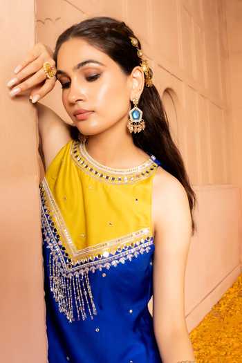 Buy Bahaara By Divya Narula Blue Silk, Organza Halter Neck, Yes Colorblock Embroidered Kurta Set Online at Aza Fashions Buy_Bahaara By Divya Narula_Blue Silk, Organza Halter Neck, Yes Colorblock Embroidered Kurta Set _Online_at_Aza_Fashions