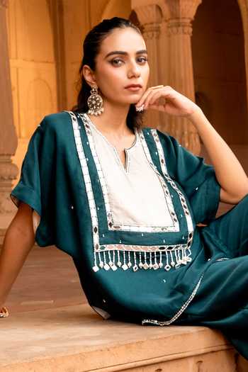 Shop Bahaara By Divya Narula Green Silk V-neck Embellished Kaftan And Pant Set Online at Aza Fashions Shop_Bahaara By Divya Narula_Green Silk V-neck Embellished Kaftan And Pant Set _Online_at_Aza_Fashions
