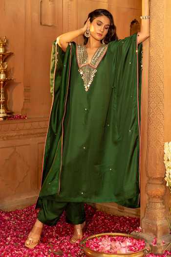 Bahaara By Divya Narula Emerald Green Silk V-neck Embroidered Kaftan And Pant Set Online at Aza Fashions Bahaara By Divya Narula_Emerald Green Silk V-neck Embroidered Kaftan And Pant Set _Online_at_Aza_Fashions