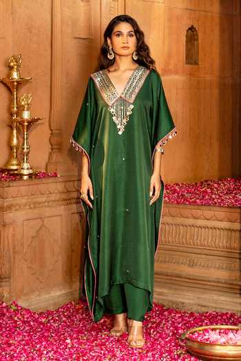 Shop Bahaara By Divya Narula Emerald Green Silk V-neck Embroidered Kaftan And Pant Set Online at Aza Fashions Shop_Bahaara By Divya Narula_Emerald Green Silk V-neck Embroidered Kaftan And Pant Set _Online_at_Aza_Fashions