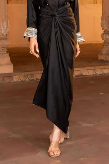 Bahaara By Divya Narula Black Silk Collared Neck Mirror Work Shirt And Skirt Set Online at Aza Fashions Bahaara By Divya Narula_Black Silk Collared Neck Mirror Work Shirt And Skirt Set _Online_at_Aza_Fashions