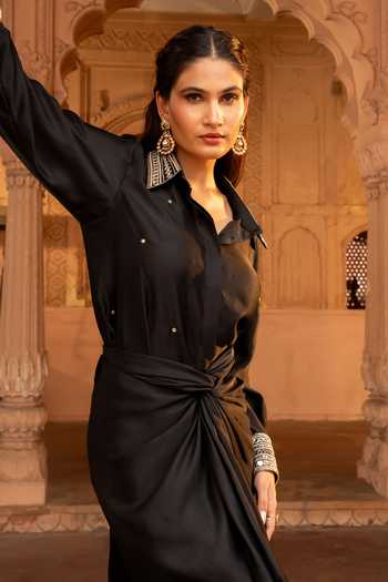 Buy Bahaara By Divya Narula Black Silk Collared Neck Mirror Work Shirt And Skirt Set Online at Aza Fashions Buy_Bahaara By Divya Narula_Black Silk Collared Neck Mirror Work Shirt And Skirt Set _Online_at_Aza_Fashions