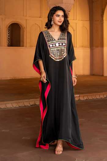 Buy_Bahaara By Divya Narula_Black Silk V-neck Mirror Work Kaftan _Online_at_Aza_Fashions