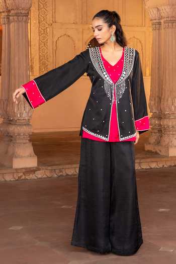 Buy Bahaara By Divya Narula Black Silk Open Neck, Embroidered Jacket Set Online at Aza Fashions Buy_Bahaara By Divya Narula_Black Silk Open Neck, Embroidered Jacket Set _Online_at_Aza_Fashions