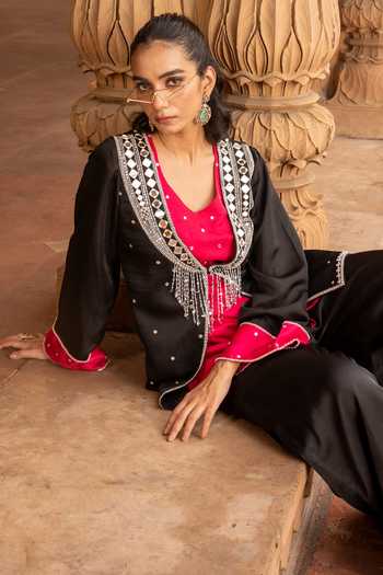 Bahaara By Divya Narula Black Silk Open Neck, Embroidered Jacket Set at Aza Fashions Bahaara By Divya Narula_Black Silk Open Neck, Embroidered Jacket Set _at_Aza_Fashions