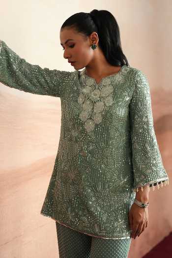 Shop_Mustard Moon By Neyha And Vrinda_Green Georgette Leaf Neck Ishani Embroidered Short Kurta And Pant Set _Online_at_Aza_Fashions