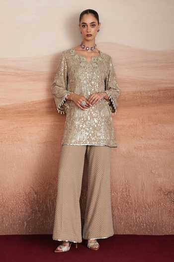 Mustard Moon By Neyha And Vrinda Ishani Embroidered Short Kurta & Pant Set