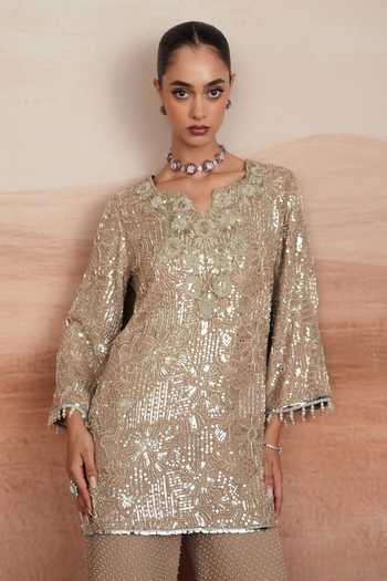Mustard Moon By Neyha And Vrinda Grey Georgette Notched Neck Ishani Embroidered Short Kurta And Pant Set at Aza Fashions Mustard Moon By Neyha And Vrinda_Grey Georgette Notched Neck Ishani Embroidered Short Kurta And Pant Set _at_Aza_Fashions
