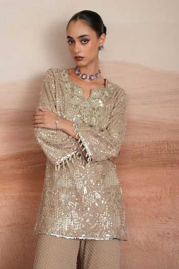 Buy Mustard Moon By Neyha And Vrinda Grey Georgette Notched Neck Ishani Embroidered Short Kurta And Pant Set Buy_Mustard Moon By Neyha And Vrinda_Grey Georgette Notched Neck Ishani Embroidered Short Kurta And Pant Set