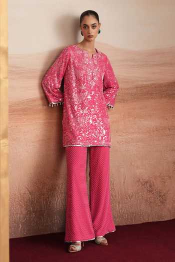 Mustard Moon By Neyha And Vrinda Ishani Embroidered Short Kurta & Pant Set