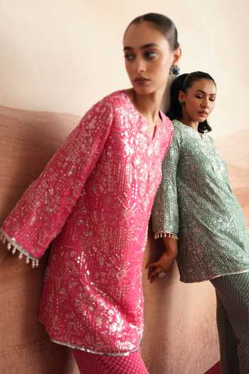 Mustard Moon By Neyha And Vrinda Pink Georgette Notched Neck Ishani Embroidered Short Kurta And Pant Set Online at Aza Fashions Mustard Moon By Neyha And Vrinda_Pink Georgette Notched Neck Ishani Embroidered Short Kurta And Pant Set _Online_at_Aza_Fashions