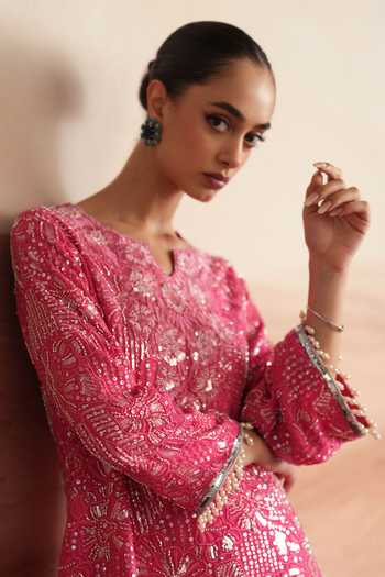 Buy Mustard Moon By Neyha And Vrinda Pink Georgette Notched Neck Ishani Embroidered Short Kurta And Pant Set Online at Aza Fashions Buy_Mustard Moon By Neyha And Vrinda_Pink Georgette Notched Neck Ishani Embroidered Short Kurta And Pant Set _Online_at_Aza_Fashions