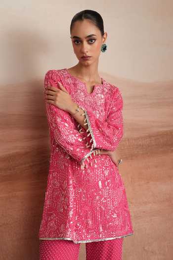 Shop Mustard Moon By Neyha And Vrinda Pink Georgette Notched Neck Ishani Embroidered Short Kurta And Pant Set Online at Aza Fashions Shop_Mustard Moon By Neyha And Vrinda_Pink Georgette Notched Neck Ishani Embroidered Short Kurta And Pant Set _Online_at_Aza_Fashions