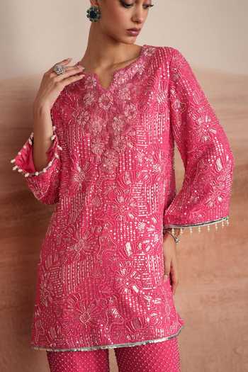 Buy Mustard Moon By Neyha And Vrinda Pink Georgette Notched Neck Ishani Embroidered Short Kurta And Pant Set Buy_Mustard Moon By Neyha And Vrinda_Pink Georgette Notched Neck Ishani Embroidered Short Kurta And Pant Set