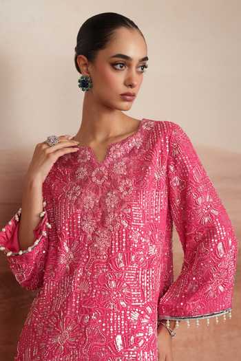 Shop Mustard Moon By Neyha And Vrinda Pink Georgette Notched Neck Ishani Embroidered Short Kurta And Pant Set Shop_Mustard Moon By Neyha And Vrinda_Pink Georgette Notched Neck Ishani Embroidered Short Kurta And Pant Set