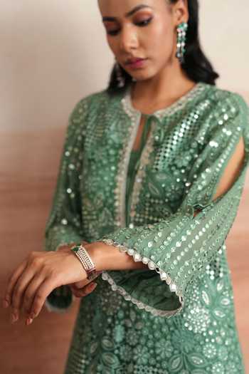 Mustard Moon By Neyha And Vrinda Green Net, Silk, Dupion Keyhole Neck, Yes Diya Embellished Kurta And Pant Set Online at Aza Fashions Mustard Moon By Neyha And Vrinda_Green Net, Silk, Dupion Keyhole Neck, Yes Diya Embellished Kurta And Pant Set _Online_at_Aza_Fashions