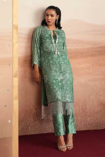 Buy Mustard Moon By Neyha And Vrinda Green Net, Silk, Dupion Keyhole Neck, Yes Diya Embellished Kurta And Pant Set Online at Aza Fashions Buy_Mustard Moon By Neyha And Vrinda_Green Net, Silk, Dupion Keyhole Neck, Yes Diya Embellished Kurta And Pant Set _Online_at_Aza_Fashions