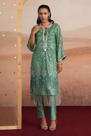 Shop Mustard Moon By Neyha And Vrinda Green Net, Silk, Dupion Keyhole Neck, Yes Diya Embellished Kurta And Pant Set Online at Aza Fashions Shop_Mustard Moon By Neyha And Vrinda_Green Net, Silk, Dupion Keyhole Neck, Yes Diya Embellished Kurta And Pant Set _Online_at_Aza_Fashions