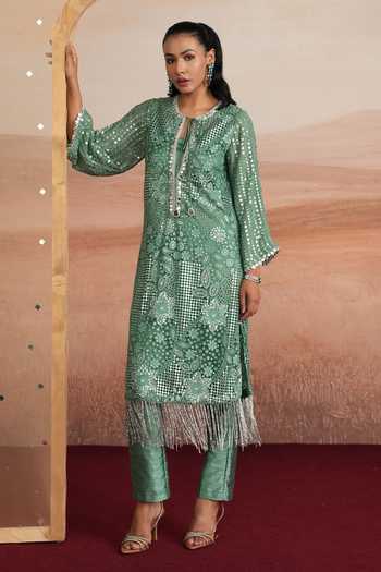 Mustard Moon By Neyha And Vrinda Green Net, Silk, Dupion Keyhole Neck, Yes Diya Embellished Kurta And Pant Set at Aza Fashions Mustard Moon By Neyha And Vrinda_Green Net, Silk, Dupion Keyhole Neck, Yes Diya Embellished Kurta And Pant Set _at_Aza_Fashions