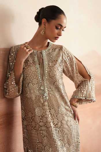 Mustard Moon By Neyha And Vrinda Grey Net, Silk, Dupion Keyhole Neck Diya Embellished Kurta And Pant Set Online at Aza Fashions Mustard Moon By Neyha And Vrinda_Grey Net, Silk, Dupion Keyhole Neck Diya Embellished Kurta And Pant Set _Online_at_Aza_Fashions