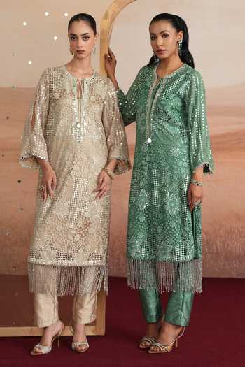 Mustard Moon By Neyha And Vrinda Grey Net, Silk, Dupion Keyhole Neck Diya Embellished Kurta And Pant Set at Aza Fashions Mustard Moon By Neyha And Vrinda_Grey Net, Silk, Dupion Keyhole Neck Diya Embellished Kurta And Pant Set _at_Aza_Fashions