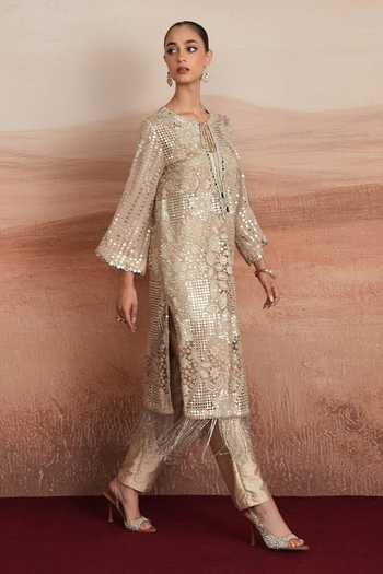 Buy Mustard Moon By Neyha And Vrinda Grey Net, Silk, Dupion Keyhole Neck Diya Embellished Kurta And Pant Set Buy_Mustard Moon By Neyha And Vrinda_Grey Net, Silk, Dupion Keyhole Neck Diya Embellished Kurta And Pant Set