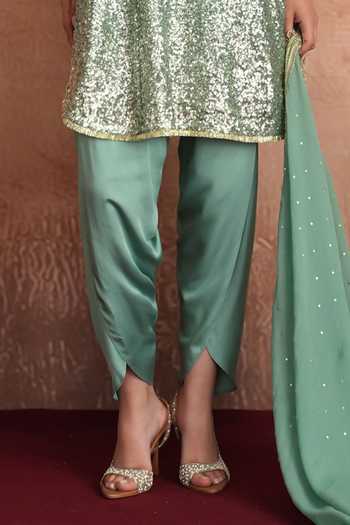 Mustard Moon By Neyha And Vrinda Green Georgette, Satin, Modal Split Leena Embroidered Kurta Dhoti Pant Set Online at Aza Fashions Mustard Moon By Neyha And Vrinda_Green Georgette, Satin, Modal Split Leena Embroidered Kurta Dhoti Pant Set _Online_at_Aza_Fashions