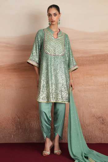 Buy Mustard Moon By Neyha And Vrinda Green Georgette, Satin, Modal Split Leena Embroidered Kurta Dhoti Pant Set Online at Aza Fashions Buy_Mustard Moon By Neyha And Vrinda_Green Georgette, Satin, Modal Split Leena Embroidered Kurta Dhoti Pant Set _Online_at_Aza_Fashions