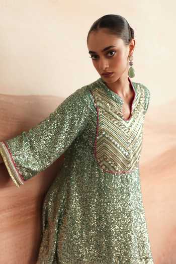 Shop Mustard Moon By Neyha And Vrinda Green Georgette, Satin, Modal Split Leena Embroidered Kurta Dhoti Pant Set Online at Aza Fashions Shop_Mustard Moon By Neyha And Vrinda_Green Georgette, Satin, Modal Split Leena Embroidered Kurta Dhoti Pant Set _Online_at_Aza_Fashions