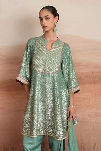 Mustard Moon By Neyha And Vrinda Green Georgette, Satin, Modal Split Leena Embroidered Kurta Dhoti Pant Set at Aza Fashions Mustard Moon By Neyha And Vrinda_Green Georgette, Satin, Modal Split Leena Embroidered Kurta Dhoti Pant Set _at_Aza_Fashions