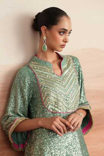 Buy Mustard Moon By Neyha And Vrinda Green Georgette, Satin, Modal Split Leena Embroidered Kurta Dhoti Pant Set Buy_Mustard Moon By Neyha And Vrinda_Green Georgette, Satin, Modal Split Leena Embroidered Kurta Dhoti Pant Set