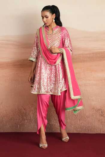 Mustard Moon By Neyha And Vrinda_Pink Georgette, Satin, Modal Keyhole Neck Leena Embrodered Kurta Dhoti Pant Set _Online_at_Aza_Fashions