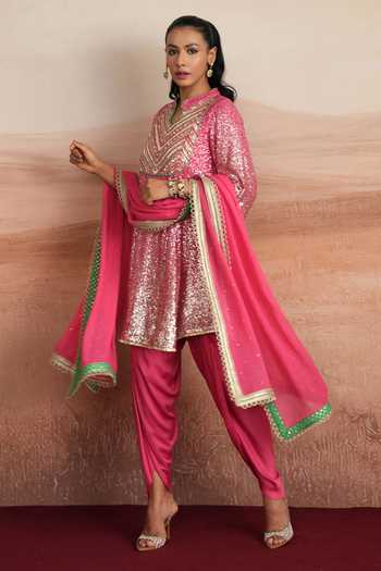 Buy_Mustard Moon By Neyha And Vrinda_Pink Georgette, Satin, Modal Keyhole Neck Leena Embrodered Kurta Dhoti Pant Set _Online_at_Aza_Fashions