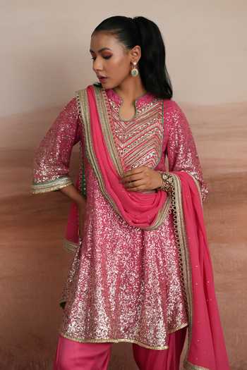 Shop_Mustard Moon By Neyha And Vrinda_Pink Georgette, Satin, Modal Keyhole Neck Leena Embrodered Kurta Dhoti Pant Set _Online_at_Aza_Fashions