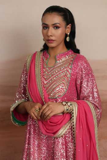 Mustard Moon By Neyha And Vrinda_Pink Georgette, Satin, Modal Keyhole Neck Leena Embrodered Kurta Dhoti Pant Set _at_Aza_Fashions