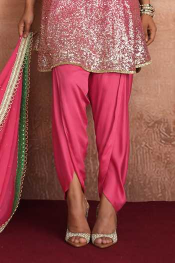 Buy_Mustard Moon By Neyha And Vrinda_Pink Georgette, Satin, Modal Keyhole Neck Leena Embrodered Kurta Dhoti Pant Set 