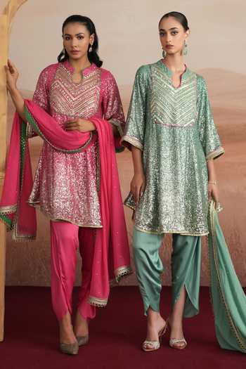 Shop_Mustard Moon By Neyha And Vrinda_Pink Georgette, Satin, Modal Keyhole Neck Leena Embrodered Kurta Dhoti Pant Set 